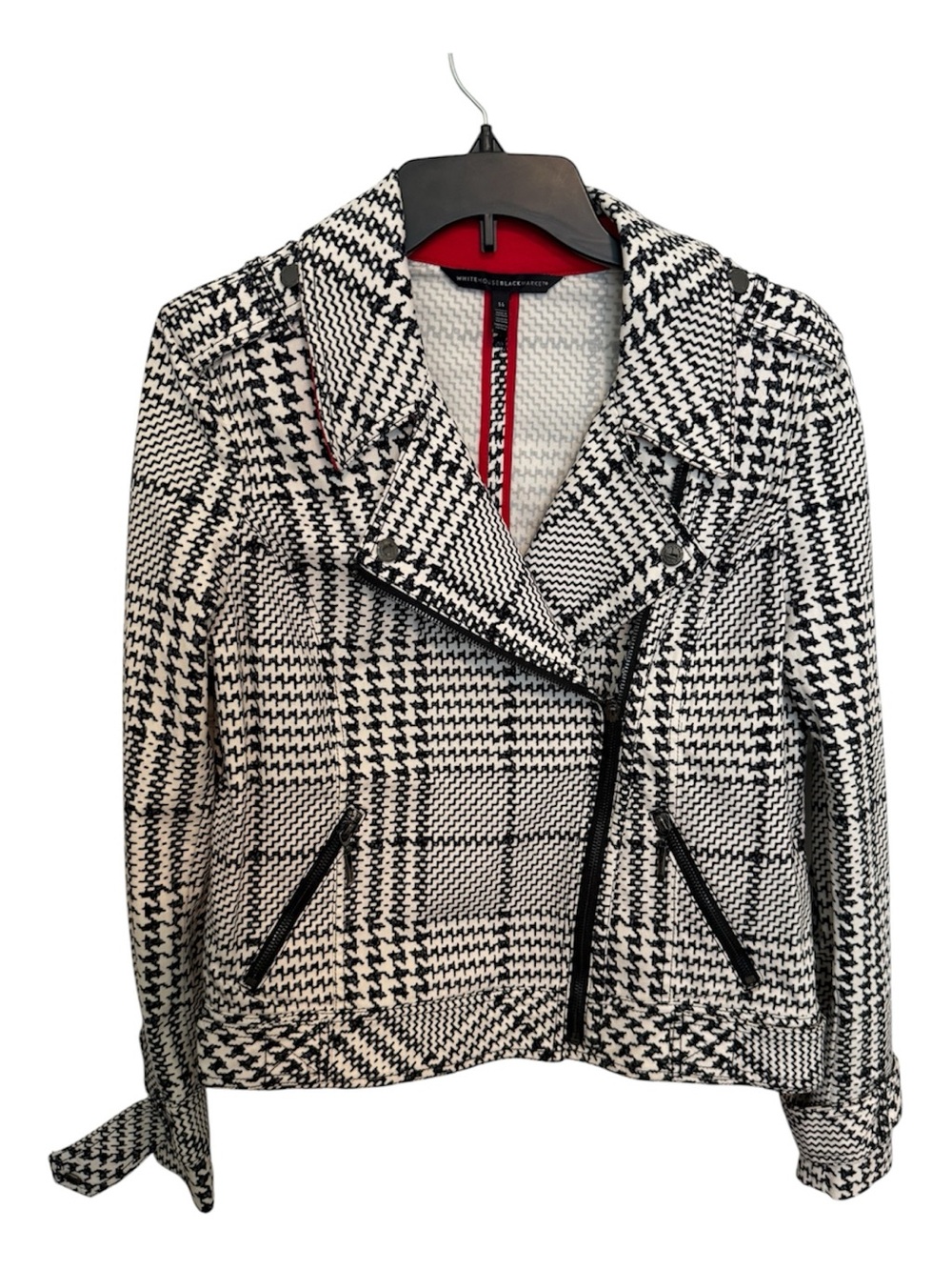 White House Black Market Black & White Plaid Tweed Blazer Moto Jacket